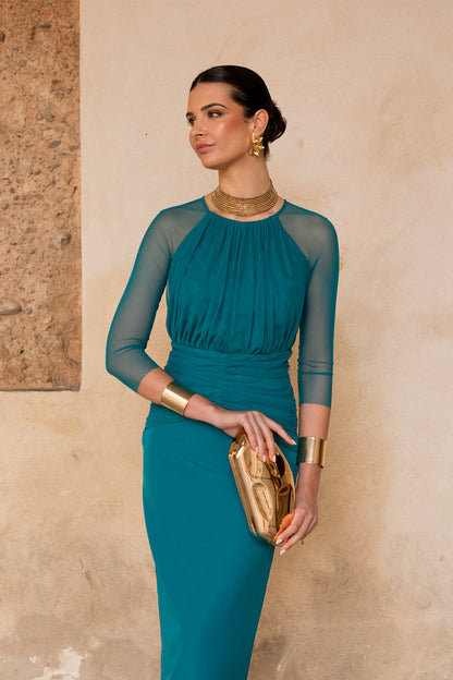 Vestido midi manga tul petróleo