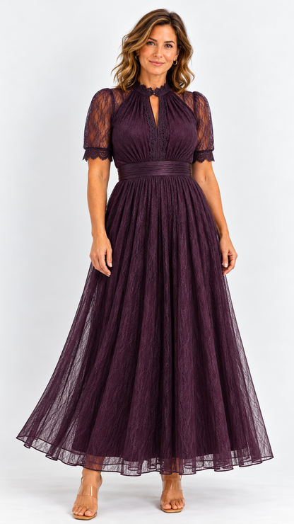 Flavia | Vestido largo color ciruela con escote tipo lágrima y detalles de encaje en chiffon