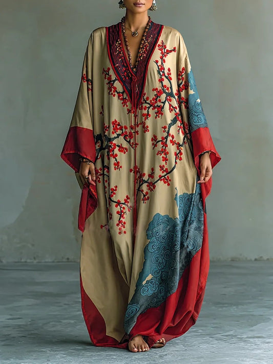 Vestido largo con estampado rojo de flores de ciruelo japonés y mangas murciélago - Imagen 1