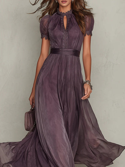Zoé | Vestido largo violeta de gasa con escote de lágrima