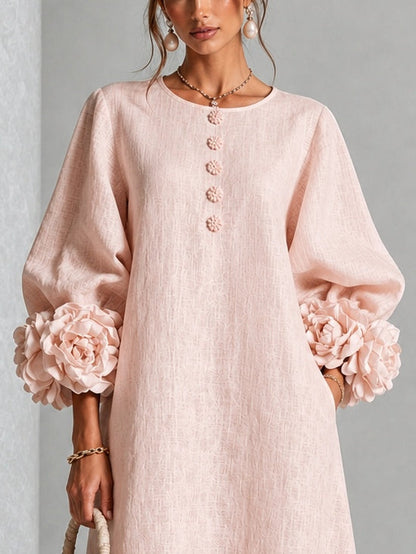 Églantine | Vestido midi rosa con botones florales y mangas de fantasía