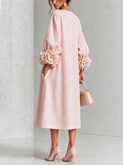 Églantine | Vestido midi rosa con botones florales y mangas de fantasía