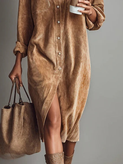 Blandine | Vestido midi de pana con bolsillos y botón único