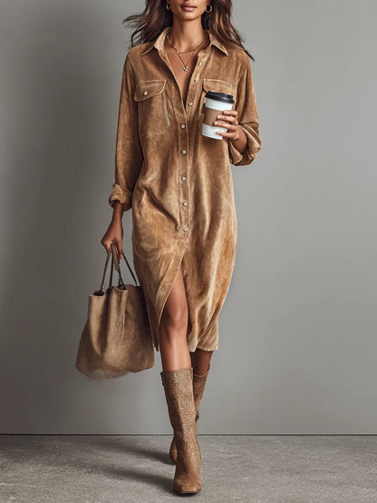 Blandine | Vestido midi de pana con bolsillos y botón único