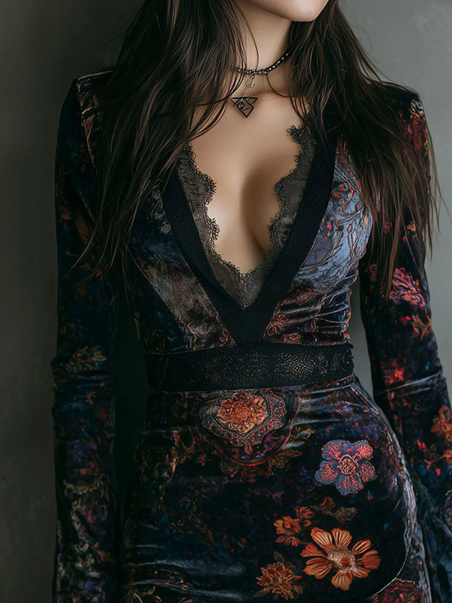 Vestido mini entallado de terciopelo floral con escote en V y ribete de encaje - Imagen 4