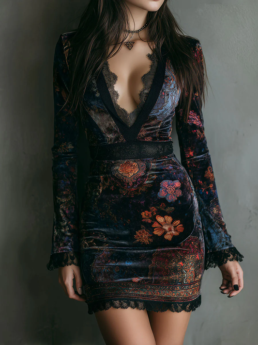 Vestido mini entallado de terciopelo floral con escote en V y ribete de encaje - Imagen 1