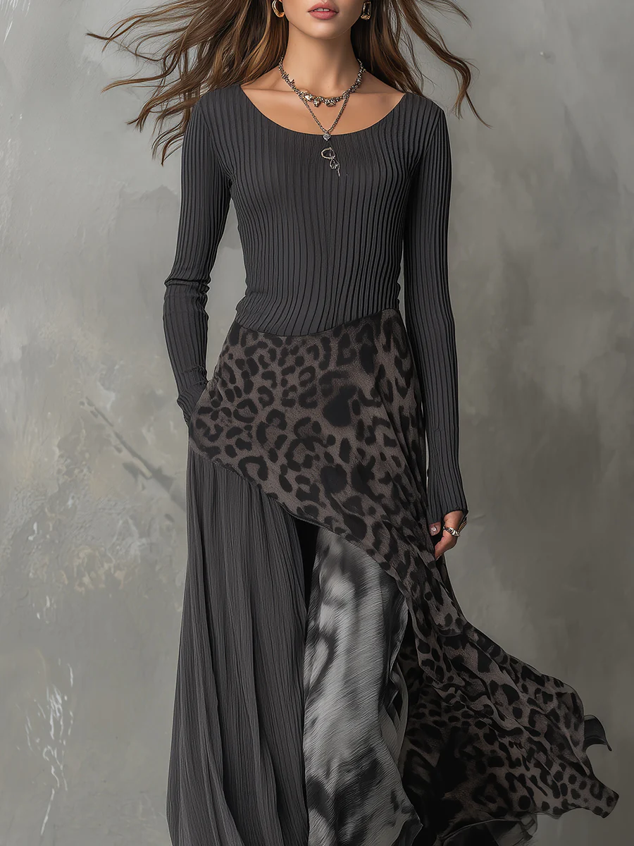 Vestido largo gris de canalé y estampado de leopardo con bajo asimétrico - Imagen 3