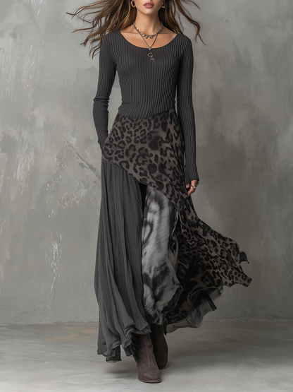 Vestido largo gris de canalé y estampado de leopardo con bajo asimétrico - Imagen 1
