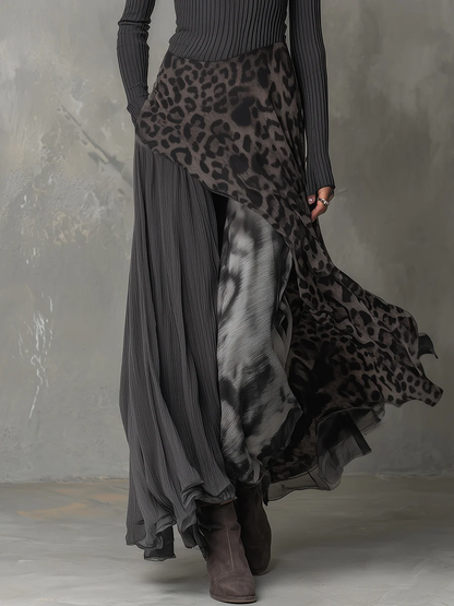 Vestido largo gris de canalé y estampado de leopardo con bajo asimétrico - Imagen 4