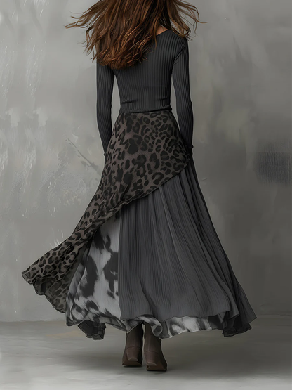 Vestido largo gris de canalé y estampado de leopardo con bajo asimétrico - Imagen 2