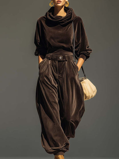 Conjunto vintage de terciopelo marrón con sudadera con capucha y pantalón amplio (incluye cinturón) - Imagen 1