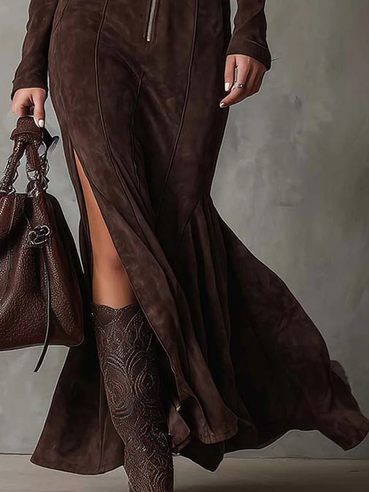 Emiliana | Vestido largo marrón con cinturón