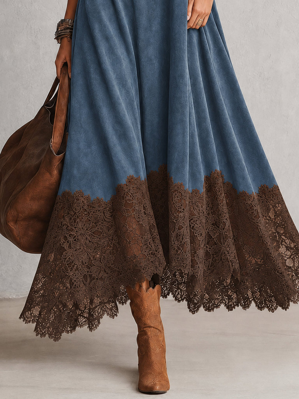 Leonora | Vestido largo con bajo de encaje y mangas fruncidas
