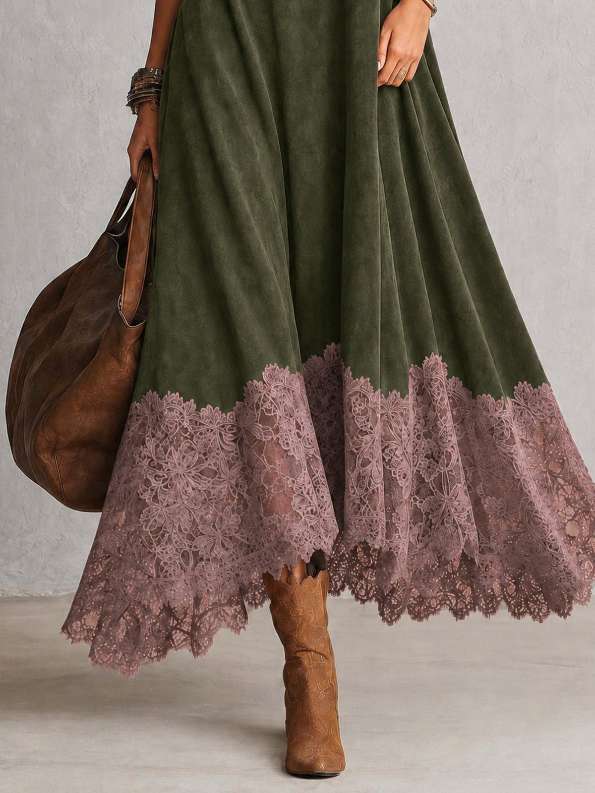 Leonora | Vestido largo con bajo de encaje y mangas fruncidas