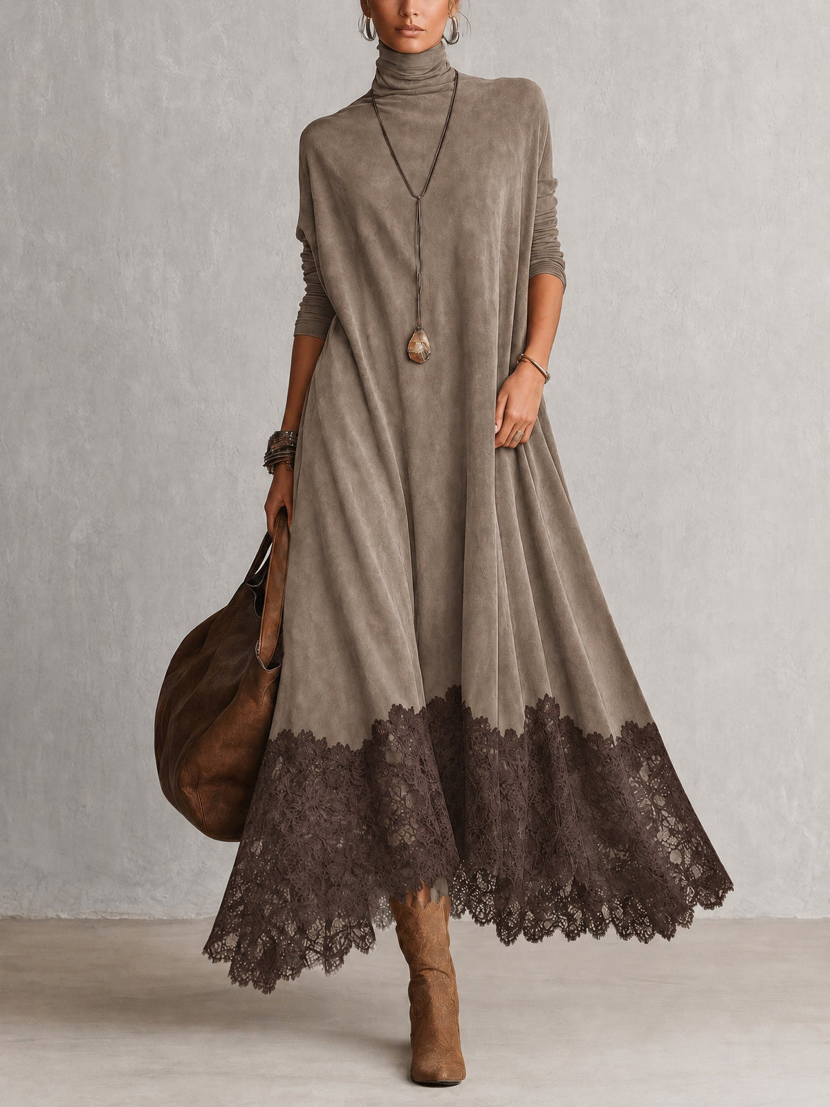 Leonora | Vestido largo con bajo de encaje y mangas fruncidas