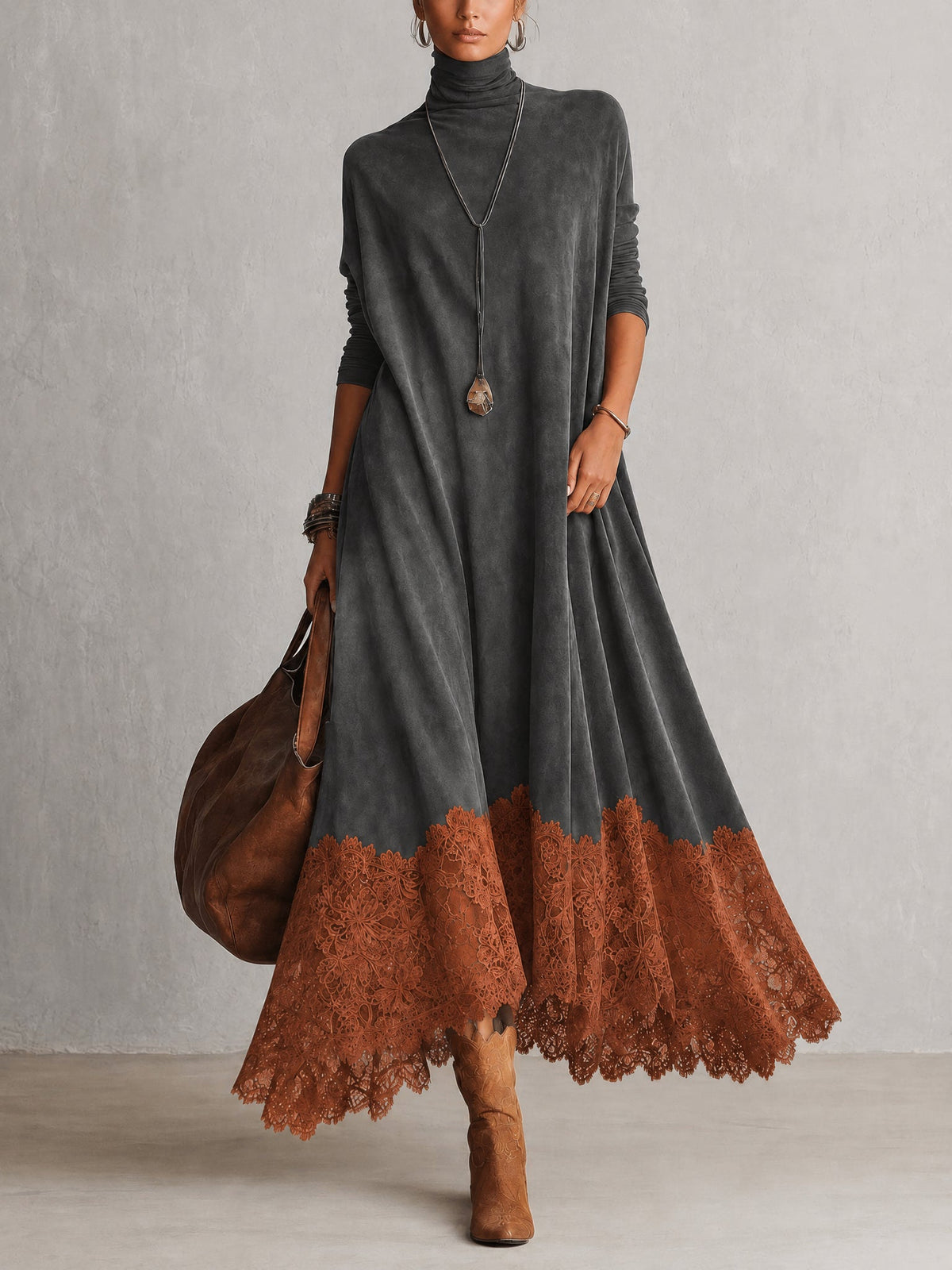 Leonora | Vestido largo con bajo de encaje y mangas fruncidas