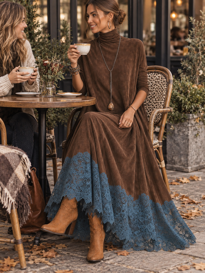 Leonora | Vestido largo con bajo de encaje y mangas fruncidas