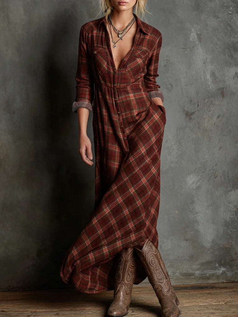 Margherita | Vestido camisero largo con cuello de cuadros