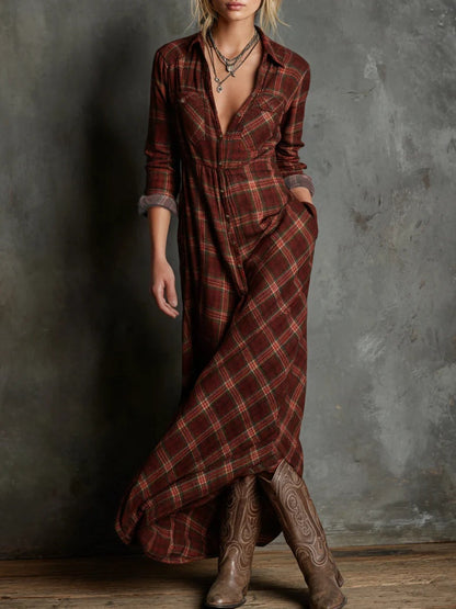 Margherita | Vestido camisero largo con cuello de cuadros