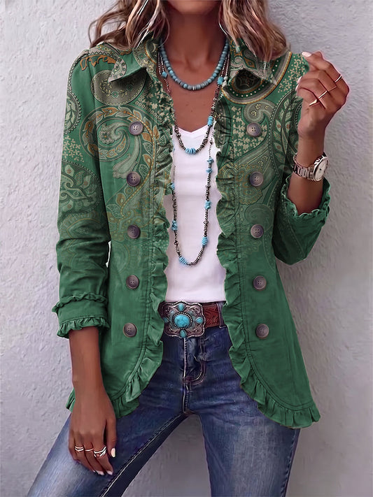 Teodora | Chaqueta con estampado de cachemira verde y volantes