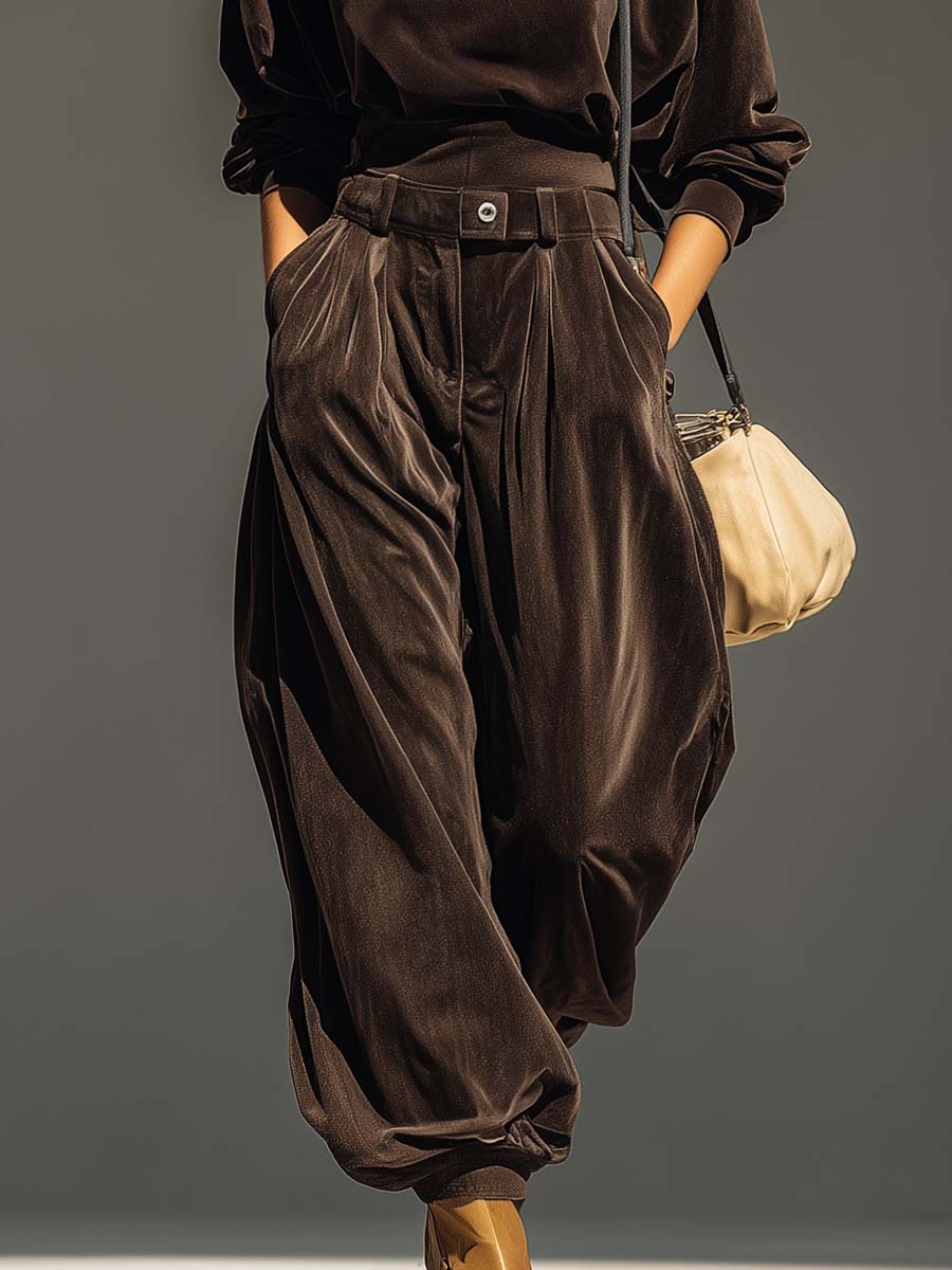 Conjunto vintage de terciopelo marrón con sudadera con capucha y pantalón amplio (incluye cinturón) - Imagen 6
