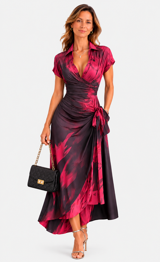 Vestido Midi Envoltura con Estampado Abstracto Rojo y Negro, Cuello con Escote en V, Manga Corta, Cintura para Atar, Dobladillo Asimétrico con Volantes