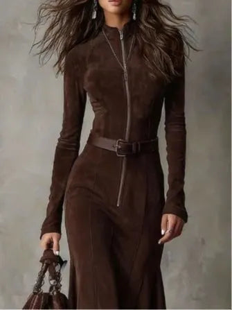 Vestido midi vintage marrón con cremallera y cinturón - Imagen 2