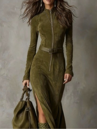 Evelyn | Vestido de efecto ante con cinturón y cremallera - Imagen 2
