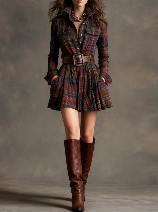 Vestido mini vintage de cuadros rojos y marrones (incluye cinturón) - Imagen 1