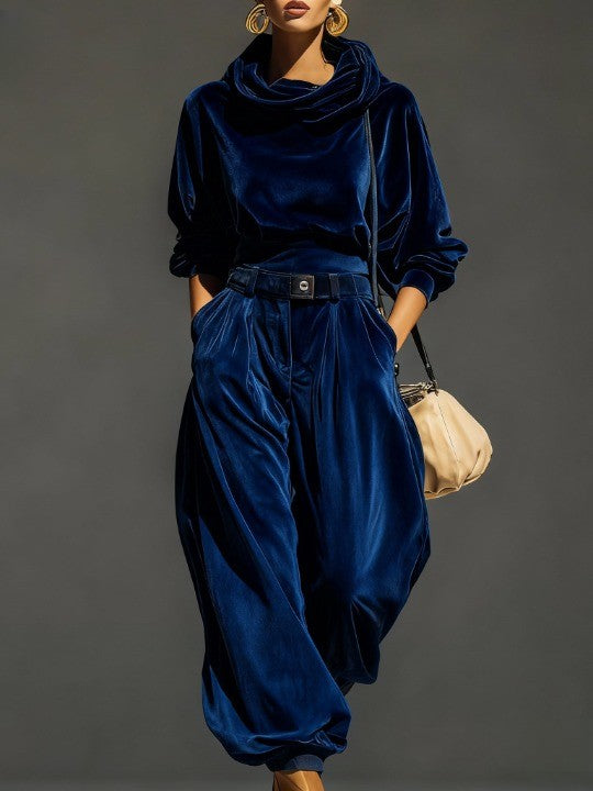 Conjunto vintage de terciopelo marrón con sudadera con capucha y pantalón amplio (incluye cinturón) - Imagen 2