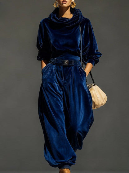 Conjunto vintage de terciopelo marrón con sudadera con capucha y pantalón amplio (incluye cinturón) - Imagen 2