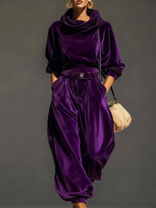Conjunto vintage de terciopelo marrón con sudadera con capucha y pantalón amplio (incluye cinturón) - Imagen 3