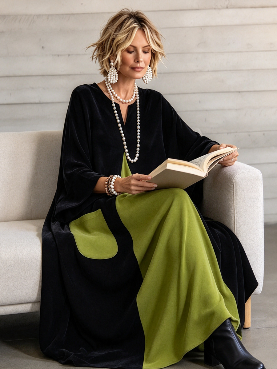 Gisèle | Vestido de terciopelo con bloques de color, elegante y artístico