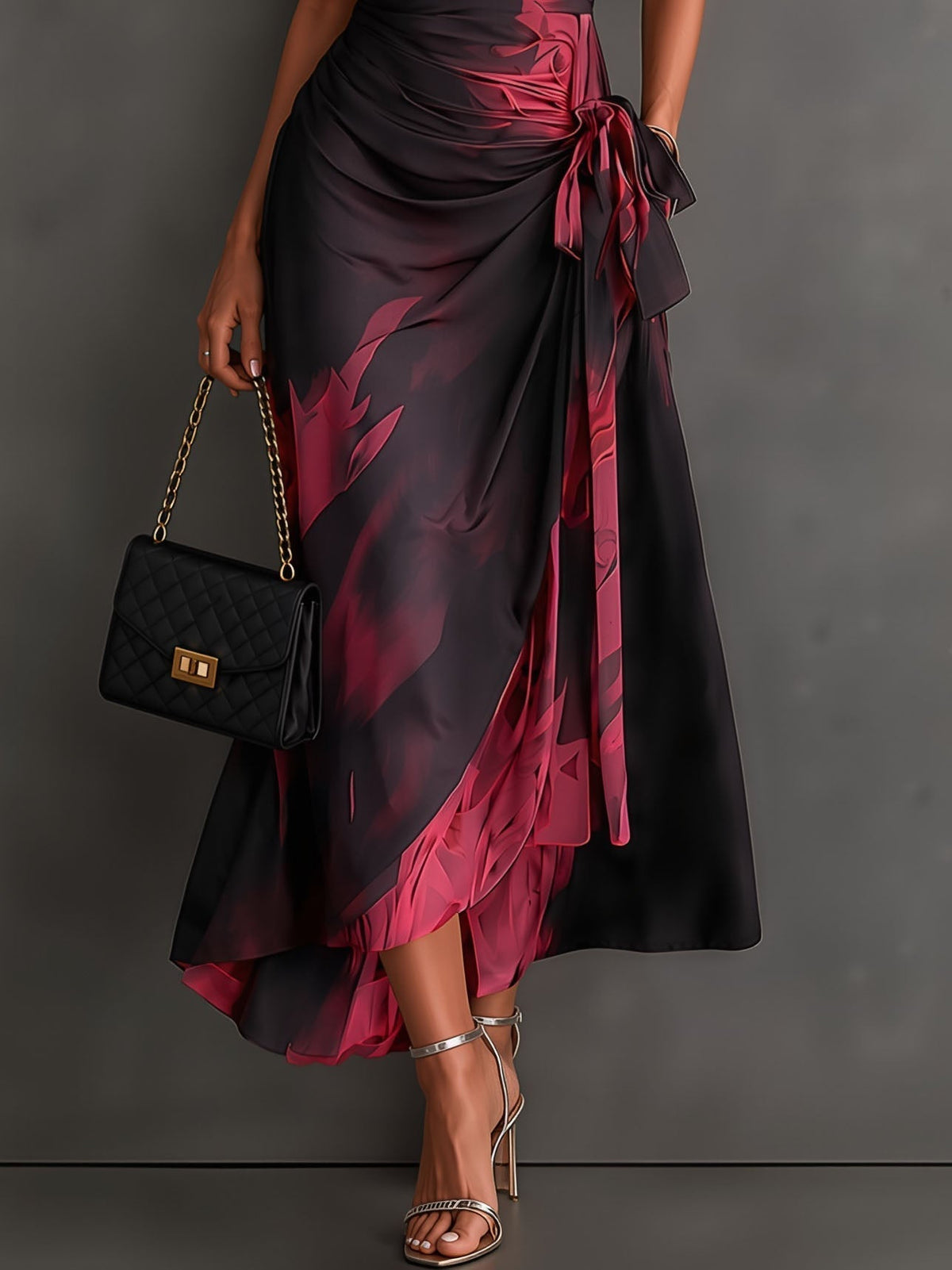 Rosalie | Vestido midi cruzado con estampado abstracto, escote en V, manga corta, cinturón y bajo asimétrico con volante