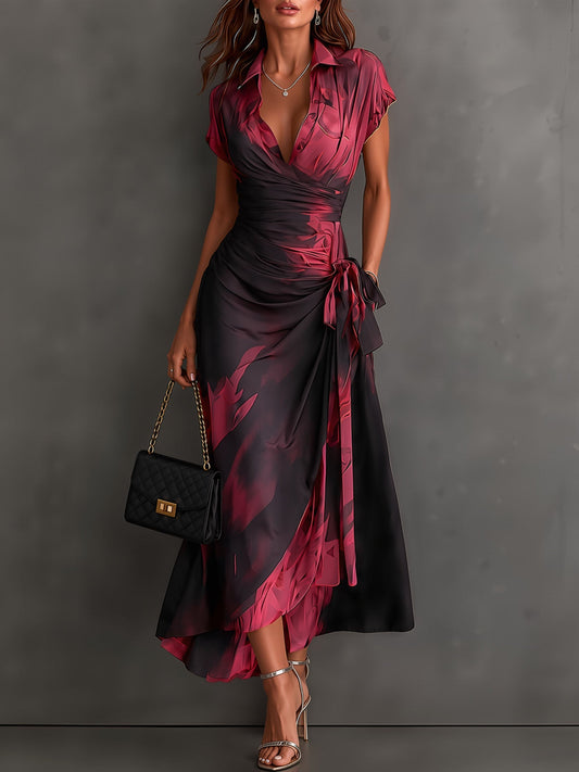 Vestido Midi Envoltura con Estampado Abstracto Rojo y Negro, Cuello con Escote en V, Manga Corta, Cintura para Atar, Dobladillo Asimétrico con Volantes
